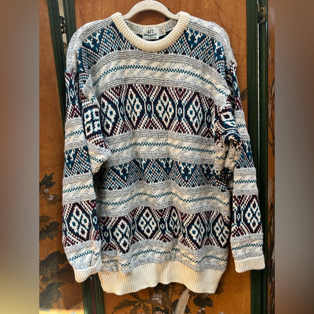 Van Heusen vintage crewneck sweater size XL cotton usa white blue purple pattern